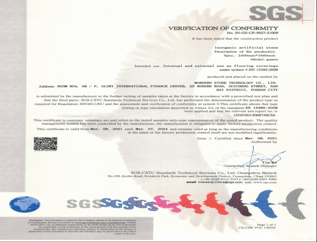 মর্ডান স্টোনের সিই স্ট্যান্ডার্ড™ কৃত্রিম অজৈব কোয়ার্টজ স্টোন